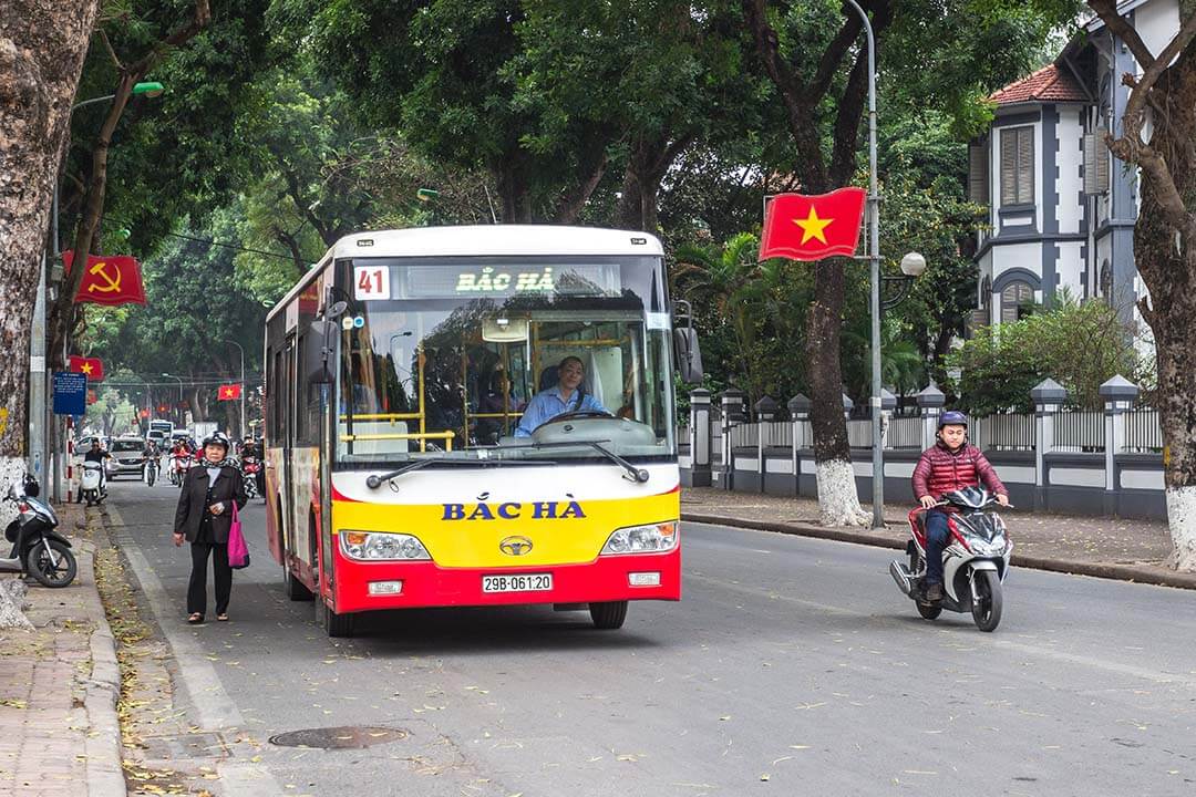 Bus riding the road in Hanoi