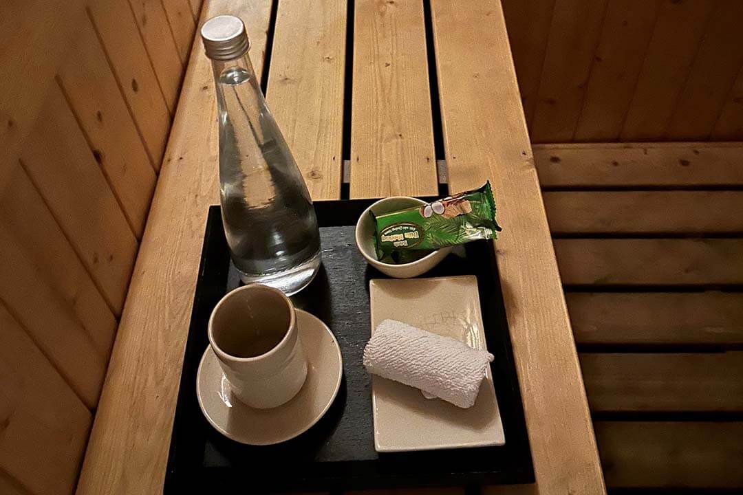 Snack and drink in sauna area of La Spa